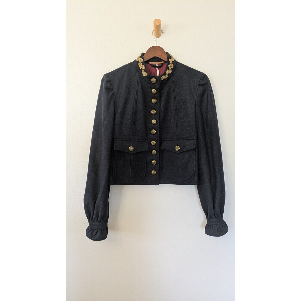 Free People Military Band Jacket XS Wool Blend Crop Navy Gold Button Embroidered